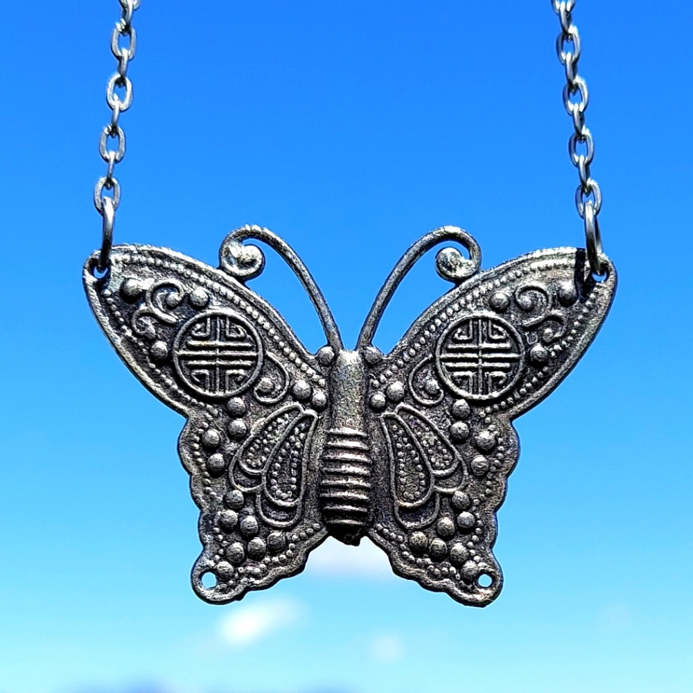 Vintage Butterfly Necklace 90s y2k butterflies silver pewter sacred geometry